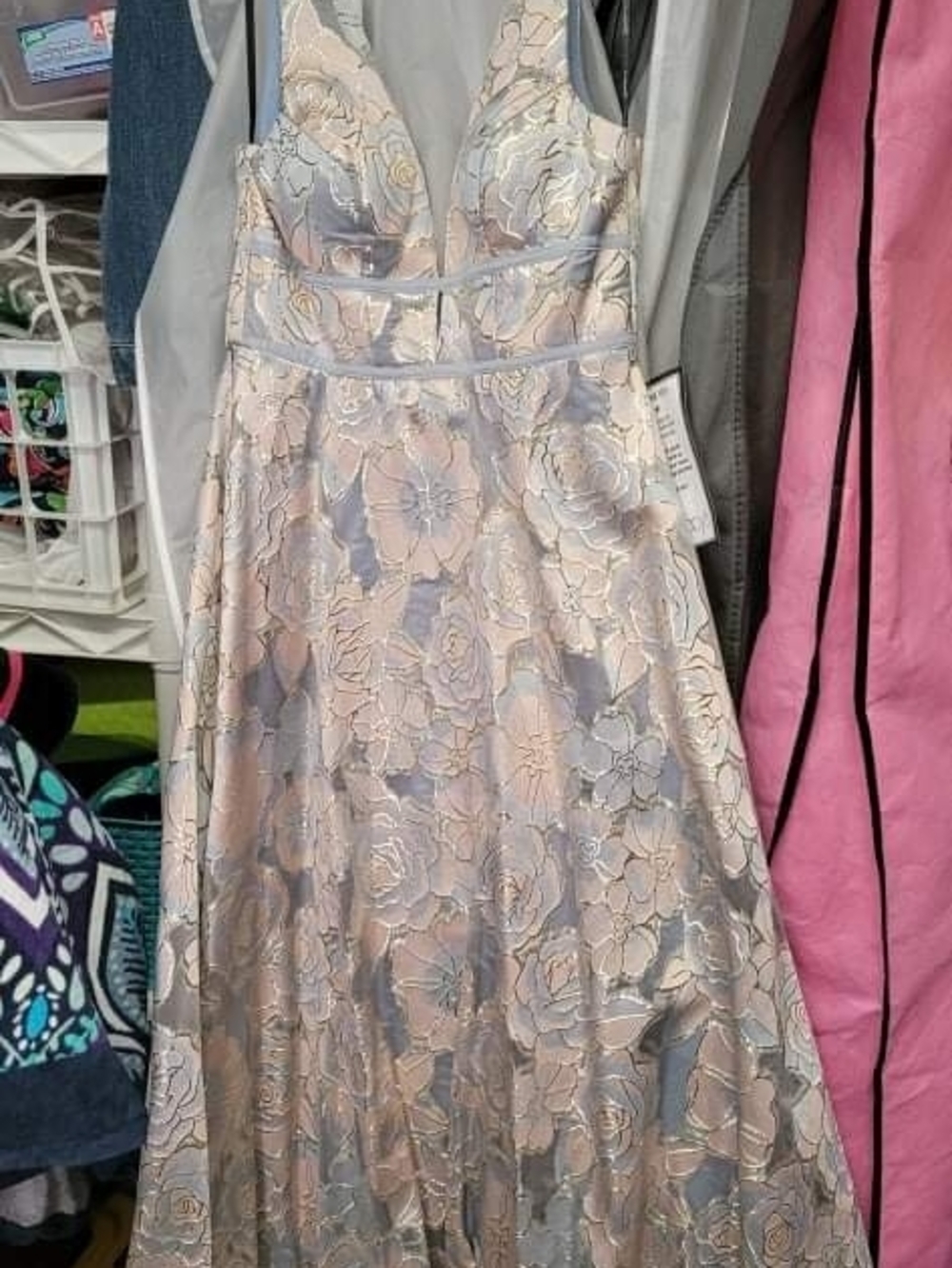 Macy's Pink and Silver Floral A-Line Prom Dress